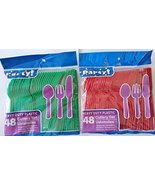 Heavy Duty Plastic Cutlery Set - Red and Green - 96 ct - 32 spoons, 32 f... - £6.98 GBP