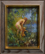 Woman Bathes Child in River ca 1932 Oil Painting by Swedish Master Widholm - £271.78 GBP