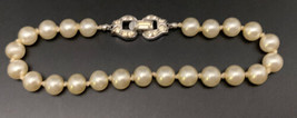 Crown Trifari Vintage Silvertone Faux Knotted Pearl Rhinestone Bracelet 7.25” - £19.06 GBP