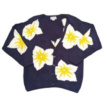 Vintage 80s Izod Navy Blue Floral Cardigan Sweater Knitted By Hand Size ... - $199.99