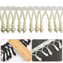 1Yd Pearl Beaded Lace Edge Trim Ribbon Wedding Costume Edging Tassel Sew Craft - £6.75 GBP+