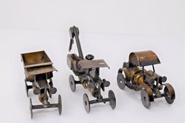 Lot of 3 Handmade Metal &amp; Recycled Sparkplug Cars Model Artwork Sculptures - $49.49