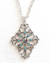 Vintage Avon Jewelry Hematite Mirabella Necklace Link Chain Blue Medallion - £11.95 GBP