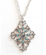 Vintage Avon Jewelry Hematite Mirabella Necklace Link Chain Blue Medallion - £11.92 GBP