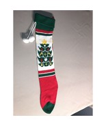 Knitted Christmas Stocking 24” Red Green Tree Yellow Star Pom Pom - $10.69