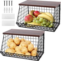 2 Set Large Wall Mounted Basket With Stackable Lid Wood Top-Fruit Bowl-Hanging F - $73.99