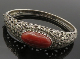 925 Sterling Silver - Vintage Red Agate &amp; Marcasite Swirl Cuff Bracelet - BT5069 - £77.31 GBP