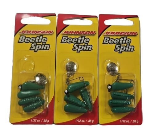 Primary image for Lot of 3 Johnson Beetle Spin 1 INCH 1/32 oz Green Black .88g Fishing Lure Bait 