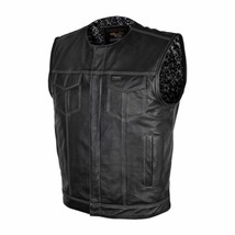Men&#39;s Zipper Snap Closure Leather Club Vest Gun Pocket w/ Grey Stitching Vest - £123.53 GBP+