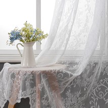 Wubodti White Lace Curtains With Valances 2 Panel 63 Inch, Floral Embroidered - £35.37 GBP