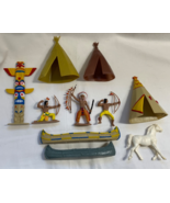 RARE NATIVE AMERICANS Play Set Figures Indians Totum Pole Teepee Canoe - $20.47 CAD