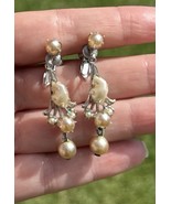 Vintage Screw-Back Earrings Faux Pearl Dangle Lily Floral Silver Tone Si... - $24.95
