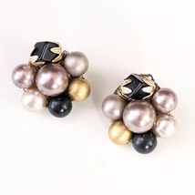 Vintage Purple, Black, and Gold Bead Cluster Clip-On Earrings, 1 in. - £15.68 GBP