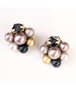 Vintage Purple, Black, and Gold Bead Cluster Clip-On Earrings, 1 in. - £15.65 GBP
