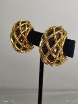 Vintage Signed Kenneth J Lane Brown Chunky Cage Hoops Gold Tone Clip Ear... - $44.55