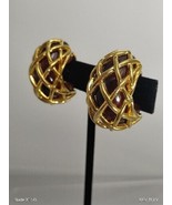 Vintage Signed Kenneth J Lane Brown Chunky Cage Hoops Gold Tone Clip Ear... - £34.83 GBP