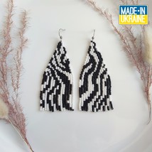 Long beaded earrings with zebra pattern, black-white, gift - £21.50 GBP