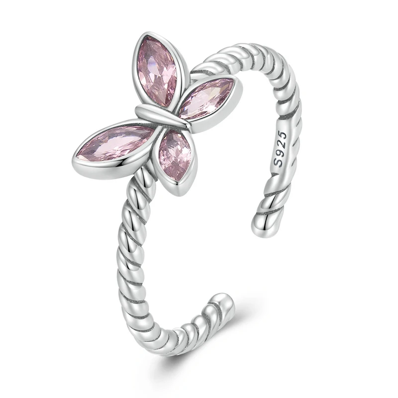 925 Sterling Silver Love Pink Buttefly Open Rings For Women Shiny Clear CZ adjus - £19.19 GBP