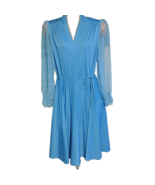 Women&#39;s Blue Midi 60 Sheer Polyester Long Sleeve Zig Zag  V Neck Dress V... - £65.00 GBP