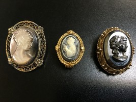BEAUTIFUL VINTAGE CAMEO PINS / BROOCHES / PENDANTS- LOT OF 3 (1 MOTHER O... - $9.99