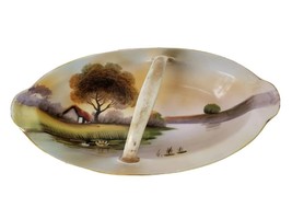 Nippon Candy Dish Lake scene porcelain Basket w/ handle  Hand Painted - £22.91 GBP