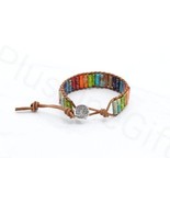 Handmade Leather 7 Chakra jasper Stone Bracelet with Decorative Button C... - $19.19 CAD
