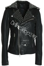 New Women Punk Black Full Silver Spiked Studded Rock Star Brando Leather Jacket - £237.27 GBP