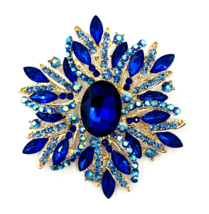 Large Royal Blue Crystal Rhinestone Flower Brooch Pin Pendant - £14.21 GBP