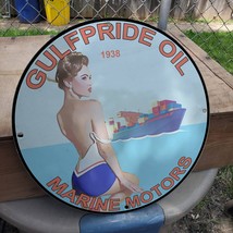 Vintage 1938 Gulf Pride Oil Marine Motors Porcelain Gas And Oil Pump Sign - £98.49 GBP