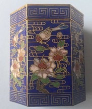 Vintage Hexagon Cloisonne Enamel Blue Trinket Pill Snuff Powder Box Marked - £45.55 GBP