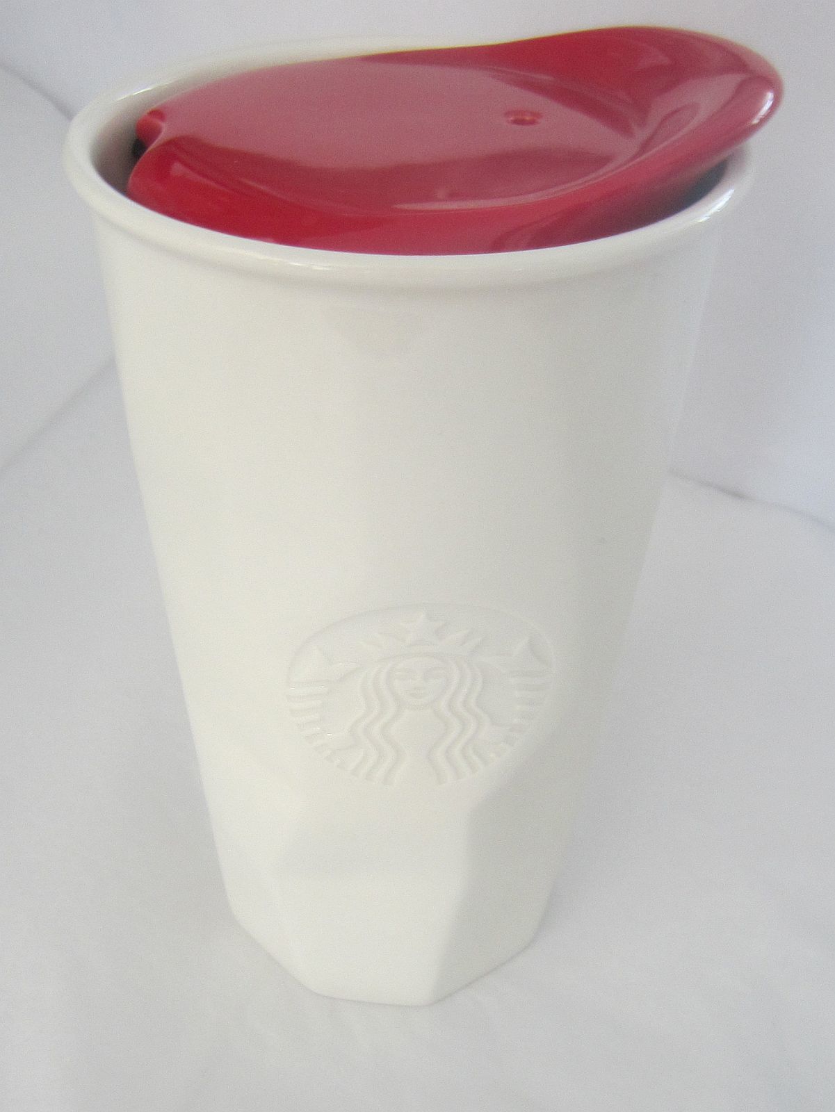 2013 Starbucks 12oz White Faceted Embossed Mermaid Ceramic Coffee Tea Tr... - $17.99