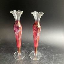 PAIR Of Cranberry Cut to Clear Glass Bohemian Bud Vases - 10&quot; tall Set 2... - €104,16 EUR