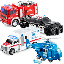 4 Packs Emergency Vehicle Toy Playsets, Friction Powered Vehicles with L... - $60.15 CAD
