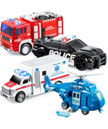 4 Packs Emergency Vehicle Toy Playsets, Friction Powered Vehicles with L... - $60.15 CAD