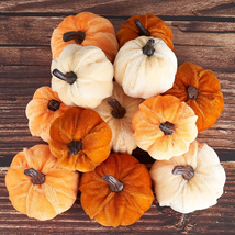 Pumpkin Decor 12Pcs Artificial Fake Faux Velvet Foam Fabric Pumpkins Decoration - £21.48 GBP