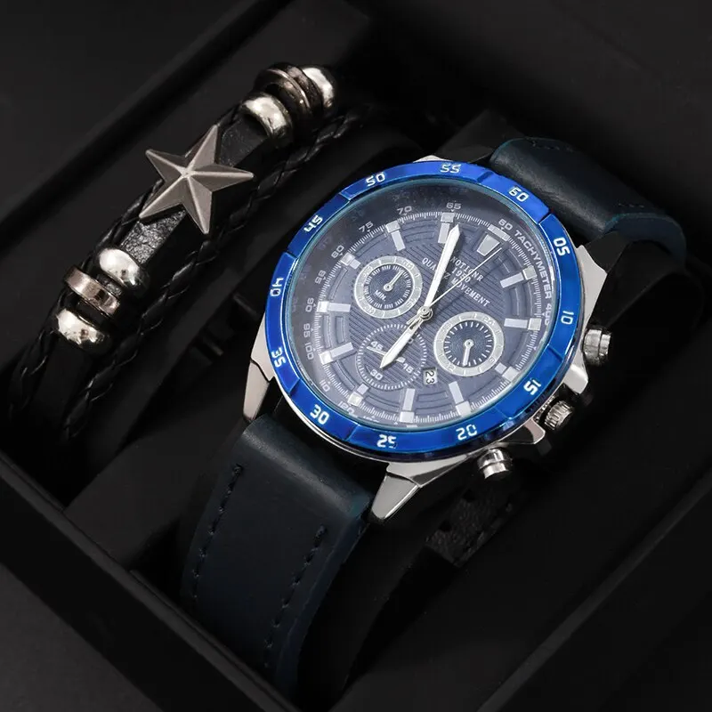 2pcs Set Fashion Mens  celet   Men Casual Wrist Watch Waterproof Watch Clock - £79.82 GBP