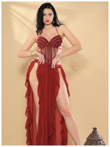 Dark Red Belly Dance Costume Pearl Beaded Tassel Bra &amp; Flawless Long Skirt - £42.97 GBP
