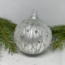 White with silver glitter glass ball Christmas ornament,handmade XMAS decoration - £9.99 GBP