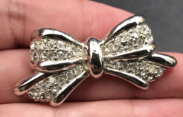 Vintage Silver Tone Ties Bow w/ Rhinestones Brooch Pin 2&quot; x 1&quot; - £7.44 GBP