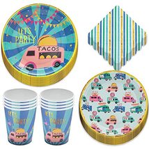 Taco Party Food Truck Round Paper Dinner and Dessert Plates, Beverage Napkins, a - £17.95 GBP