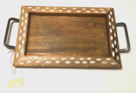 Natural Wood Serving Tray Metal Handles India Brown White Spotted Trim New - £11.48 GBP