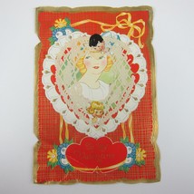 Antique Valentine Art Deco Blonde Girls Boy Flowers Gold Embossed Die cu... - $7.99