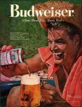 1959 Budweiser Beer Can Vintage Print Ad Summer Straw Hat Picnic Wall Ar... - $24.11