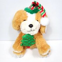 Christmas Puppy Dog Stuffed Plush Brown Tree In Mouth Red Green Hat 14&quot; New - £16.45 GBP