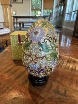 Vtg. Egg  Easter Cloisonné In Gold Red Greens And Blue  Black Wood Stand... - £11.69 GBP