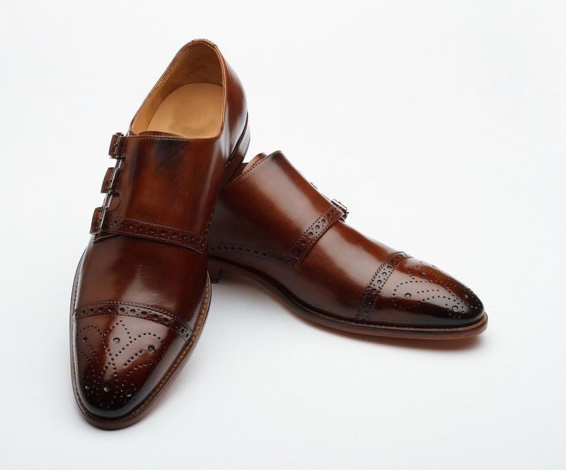 Men Brown Brogue Burnish Cap Toe Monk Triple Buckle Straps Leather Shoes US 7-16