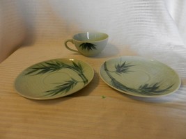 Coffee Cup and 2 Saucers Celadon China Bamboo Pattern from Japan - $30.00