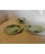 Coffee Cup and 2 Saucers Celadon China Bamboo Pattern from Japan - $30.00