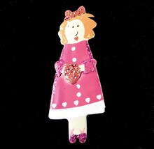 Love Lady In Pink Glitter Heart Pin Vintage Brooch Whimsy Orange Hair Enamels - £11.68 GBP