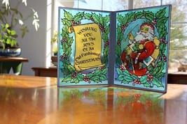 Vintage 2 Panel Stained Glass Christmas Decor Santa Claus Holly Bear Toy... - $266.38 MXN